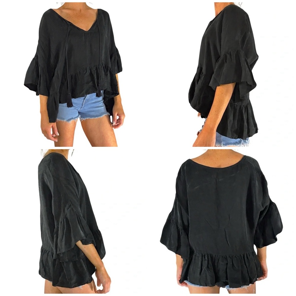Maven West Black Vegan Silk Billowy Cropped Ruffle  Blouse + Gift